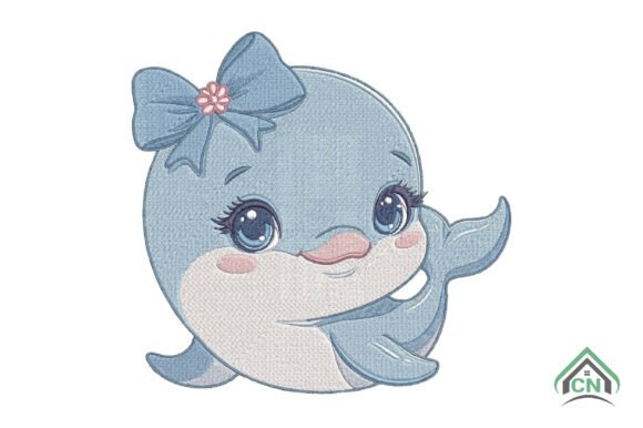 Cute Baby Dolphin with Bow Embroidery
